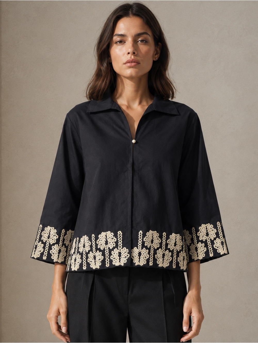 #306 CLOSEOUT Firm New! Jodifil Black Embroidered Cotton Button-Front Top